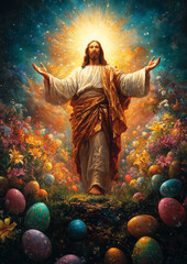 Holy jesus is praying on a meadow with easter eggs and flowers