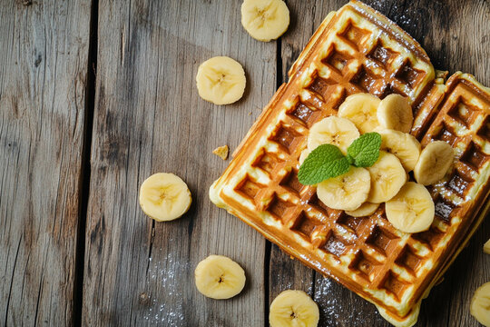 Delicious golden waffles topped with banana slices and mint leaves, sprinkled with powdered sugar, on a rustic wooden table. - Powered by Adobe