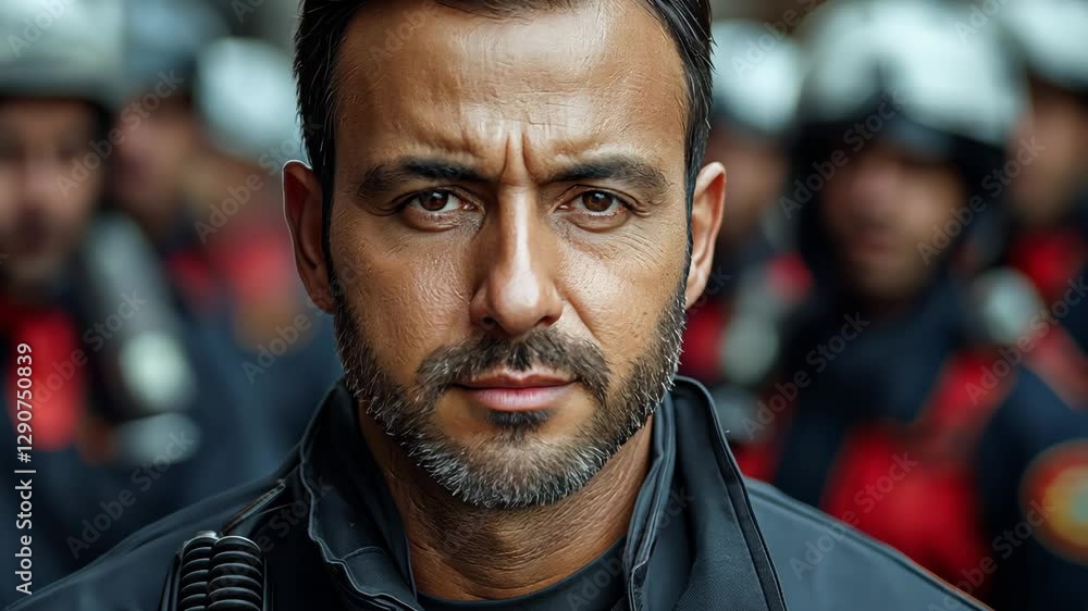 Poster man in a police uniform stands in front of a group of people. he is wearing a microphone and he is g