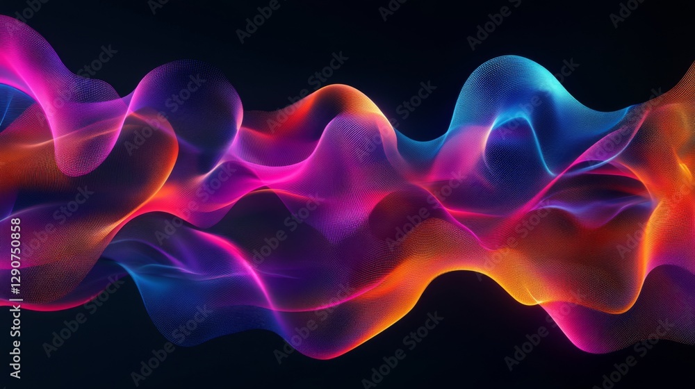 Poster gradient mesh design with smooth, flowing shapes in neon tones on a black background, creating a bol
