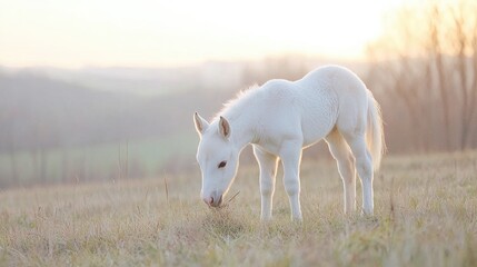 Obraz premium White foal grazing in a golden sunset field. Possible use Nature photography