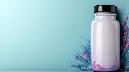 Colorful powder bursting from a white bottle against a blue backdrop