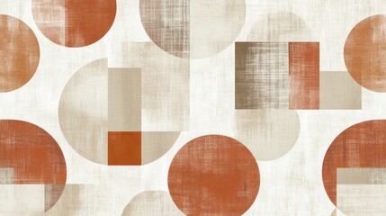 Geometric pattern of overlapping circles and rectangles in earthy tones on a light background, creating a retro, minimalist look