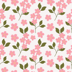 Vector seamless pattern with blossoming pink cherry flowers. Repeating background with floral texture. Spring motif for banner, wrapping, card, print, paper, poster, template. Botanical rapport