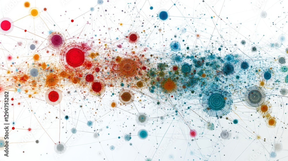 Poster Interactive data flow graph with colorful nodes and connecting lines on a white background, giving a sense of complex relationships