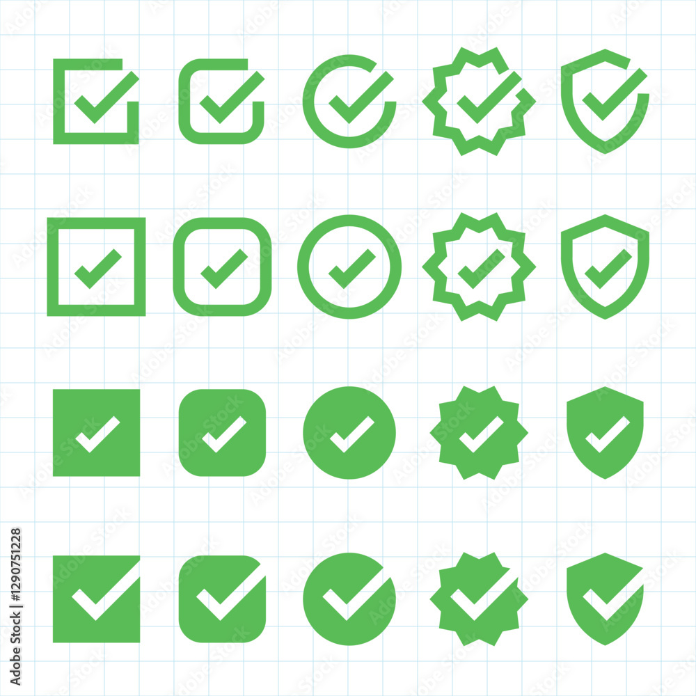 Poster green checkmark icons in various shapes: squares, circles, shields. checkmarks in squares, circles, 