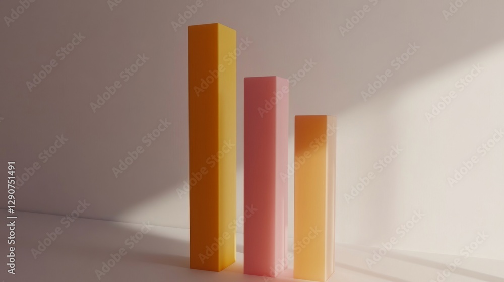 Fototapete Minimalist D bar graph with tall, solid-color bars against a plain white background, casting precise shadows, creating a clean and modern aesthetic