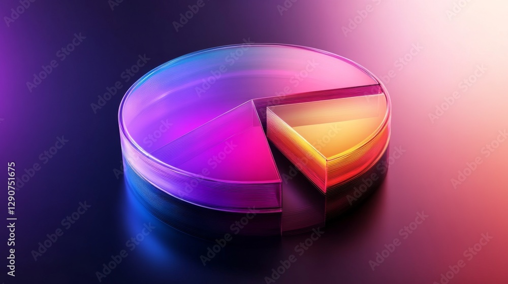 Poster modern d pie chart with translucent sections in gradient colors, hovering above a smooth surface, sh