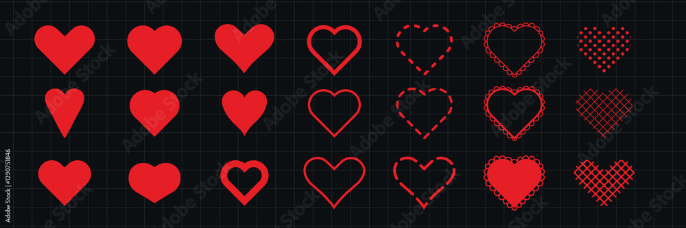 Poster set of red heart icons in various styles on a black grid background. hearts in solid, outline, and p