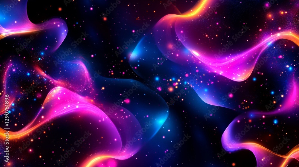 Poster neon-colored vector graphics with abstract shapes and lines on a black background, creating a modern