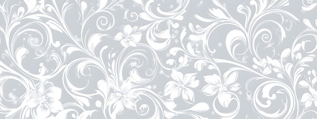 Light gray background with white swirls and floral patterns
