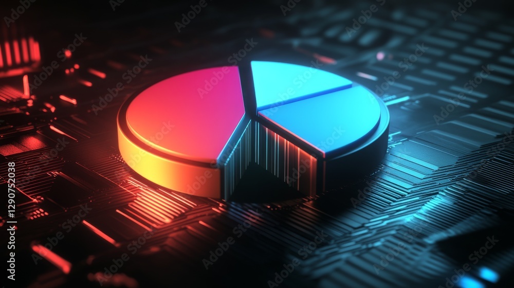 Fototapete Perspective view of a D pie chart with glowing edges and neon-colored sections, floating on a dark background for a futuristic effect