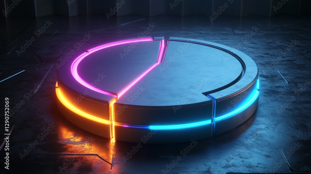 Leinwandbilder Perspective view of a D pie chart with glowing edges and neon-colored sections, floating on a dark background for a futuristic effect