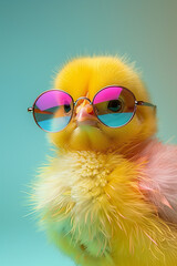 A cute chick with yellow feathers wearing modern sunglasses in front of a colorful background
