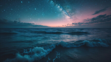 Peaceful nighttime photo of the beach with waves on the shore stars and a glowing nebula in the sky ocean wallpaper inspiration