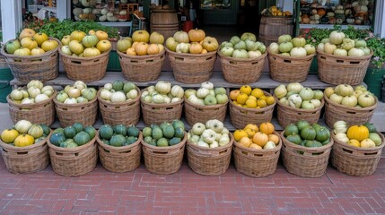 Fototapeta premium Colorful gourds in baskets outside farm shop. Autumn harvest display. Fall market