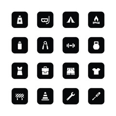 Icon set, simple black and white design,
camping gear, fitness equipment, clothing
items, tools, travel essentials, minimalist style,
square format, monochrome, app icons, user
interface elements,