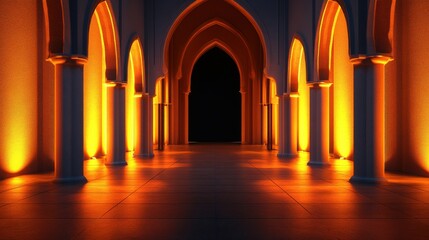 Ethereal Hallway with Orange Lighting and Arched Columns