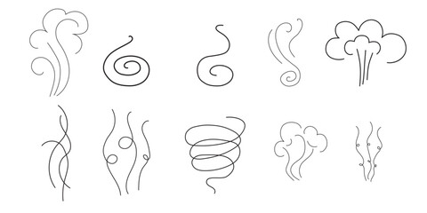 Steam and smoke lines icons set. Air wind and scent linear collection, heat waves or aroma from cooking food and hot coffee, gas and fumes. Steam swirls icons of doodle style vector illustration