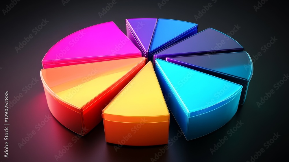 Poster split d pie chart in rich jewel tones, each section partially separated and highlighted with lightin