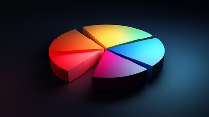 Obraz premium Split D pie chart in rich jewel tones, each section partially separated and highlighted with lighting effects on a dark background