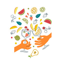 Vector summer vibe poster with a hands holds glasses with a juicy fruits and berries. Fresh ripe season harvest. Print with healthy food in a flat style. Cherry, strawberry, lemon and mango wedges.