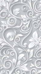 Light gray background with white swirls and floral patterns

