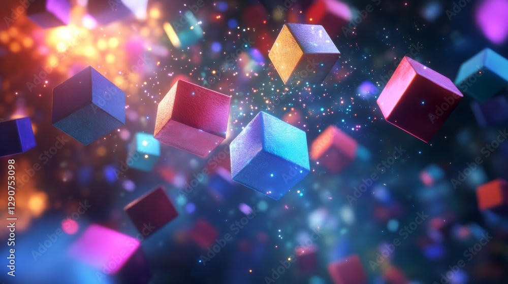 Poster vibrant, d-rendered graphic elements floating in space, with colorful geometric shapes arranged on a