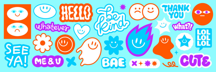 Colorful sticker collage with playful phrases like 'Hello', 'Be Kind', 'Thank You' Features cute smiley faces, hearts, and stars in vibrant, fun designs Funky stickers, vector set