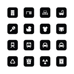 Black and white icons, minimalist design,
household items, furniture, transportation, baby
items, recycling symbols, hazard signs, square
icons with rounded comers, simple pictograms,
clean graphic.