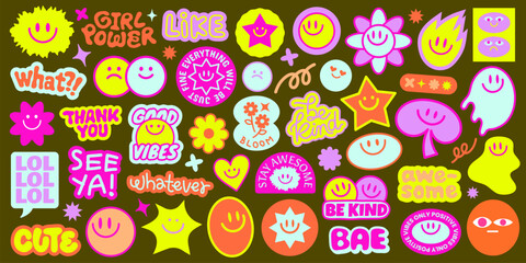 Colorful stickers with positive messages like 'Girl Power', 'Good Vibes', 'Be Kind' Bright, cheerful designs with smiley faces and stars Fun, vibrant, playful Funky stickers, vector set