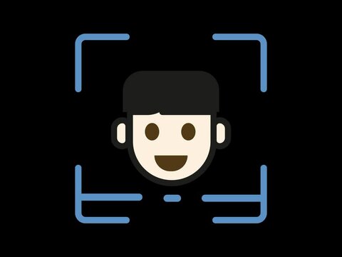 4K animation of facial recognition, featuring a stylized face inside a scanning frame with blue lines detecting facial features. Represents biometric authentication and identity verification