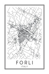 Printable downtown road map poster of the Italian city of FORLI on solid white background with city name
