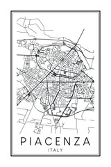 Printable downtown road map poster of the Italian city of PIACENZA on solid white background with city name