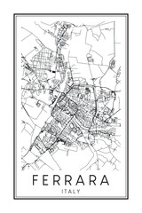 Printable downtown road map poster of the Italian city of FERRARA on solid white background with city name