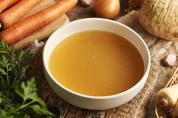 Bone broth or chicken soup in a white bowl