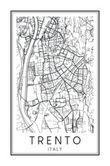 Printable downtown road map poster of the Italian city of TRENTO on solid white background with city name