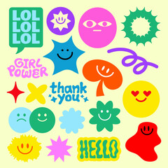 Colorful stickers with smiley faces, stars, and phrases like 'LOL', 'GIRL POWER', 'thank you', and 'HELLO' Bright, playful designs with positive vibes Funky stickers, vector set