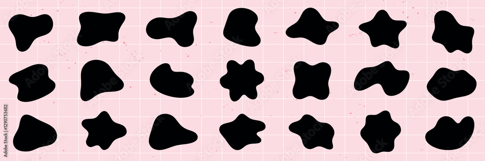 Poster abstract black shapes on a pink grid background. organic shapes, varied and unique. shapes contrast 