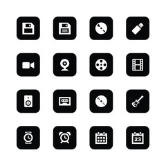 Icon set, minimalist design, black and white,
technology symbols, floppy disk, CD, USB
drive, video camera, webcam, fim reel, movie
strip, speaker, cassette tape, vinyl record,
electric guitar,