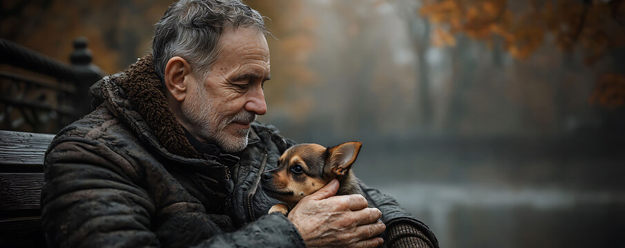 A senior man gently cradles a small, adorable puppy on a park bench.  Autumnal colors blur in the background, creating a serene and heartwarming scene.