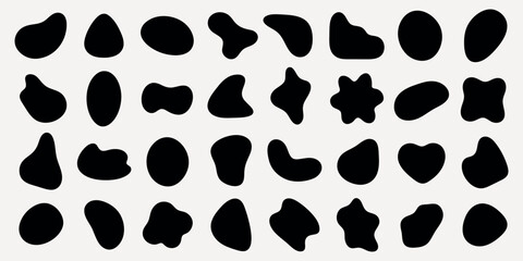 Abstract black shapes on a white background. Various abstract forms, irregular shapes, and black silhouettes create a unique abstract pattern. Black shape vector set.