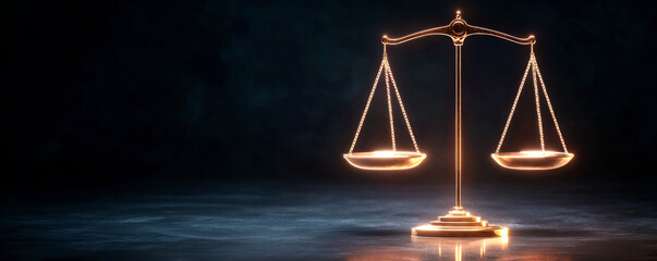 Symbol of justice with glowing scales representing balance and fairness in society.