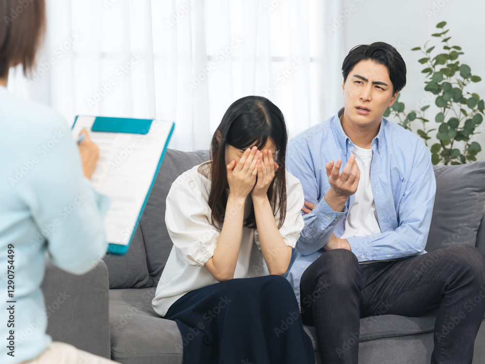 Aufkleber カウンセリング、カウンセラー、相談、夫婦、カップル、悩み、トラブル、離婚、調停、面談、面接、インタビュー、泣く、悲しい、不妊治療、妊活、診察、クリニック、セラピー、セラピスト、アドバイザー、コーチング、相談員、責める、DV、ハラスメント、診断、診療、取材、家庭、モラハラ、対立、家庭裁判所、公認心理士、臨床心理士、メンタルヘルス、心療内科、医師、サポート、支援、心理、落ち込む、がっかり、険悪、シリア