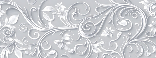 Light gray background with white swirls and floral patterns
