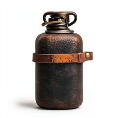 Detailed and sharp image of a treasure hunters water flask on a white background, ready for use in presentations, websites, and print materials, featuring a vintage leather strap