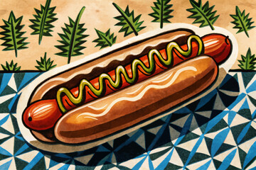 hot dog with mustard on funny background cartoon illustration fast food