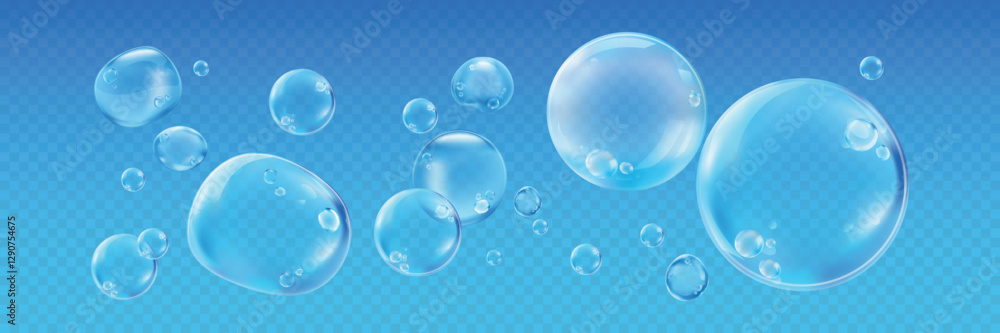 Poster floating transparent bubbles on a blue background. bubbles vary in size. bubbles create a light, air