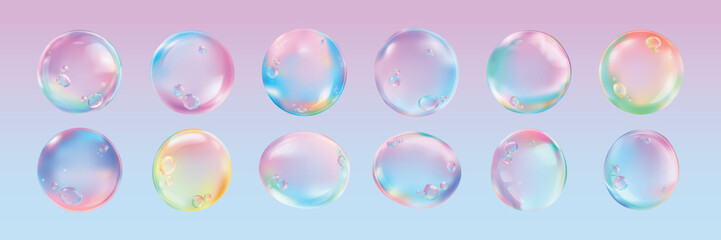 Colorful soap bubbles with a pastel gradient background. Bubbles in pastel hues, rainbow colors. Soft, dreamy bubbles with a pastel gradient effect. Soap bubble element vector set.