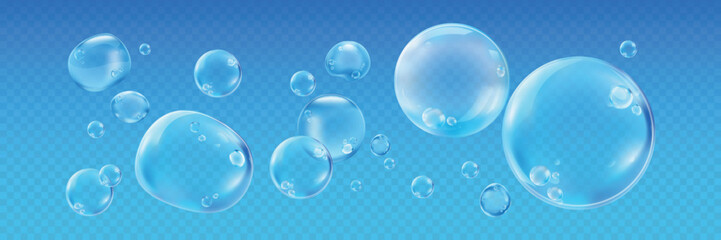 Floating transparent bubbles on a blue background. Bubbles vary in size. Bubbles create a light, airy feel. Bubbles are clear and round, adding a playful touch. Soap bubble element vector set.